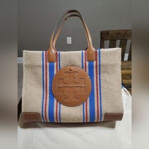 Tory Burch Ella Leather Trimmed Striped Tote.